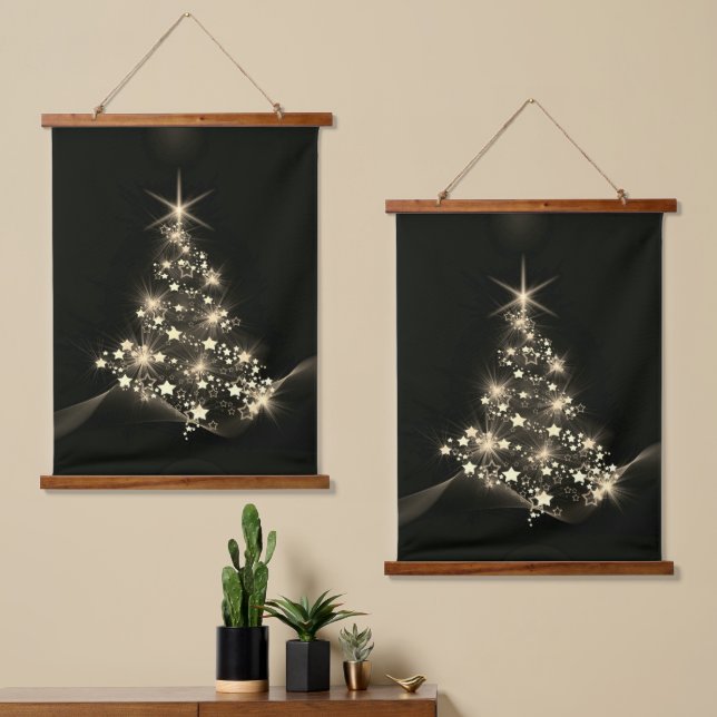 Golden Shine of Stars on Christmas Tree Dark  Hanging Tapestry (Asymmetrical)