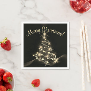 Golden Shine of Stars on Christmas Tree Dark  Napkin