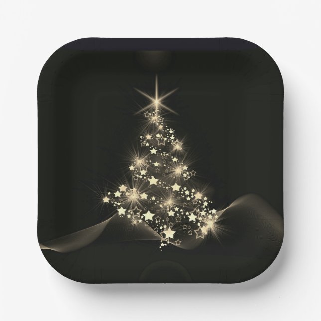 Golden Shine of Stars on Christmas Tree Dark  Paper Plate (Front)