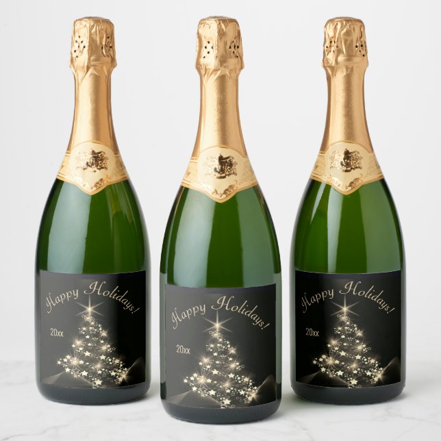 Golden Shine of Stars on Christmas Tree Dark  Sparkling Wine Label (Bottles)