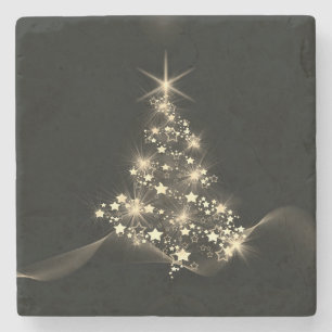 Golden Shine of Stars on Christmas Tree Dark Stone Coaster