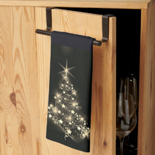 Golden Shine of Stars on Christmas Tree Dark Tea Towel
