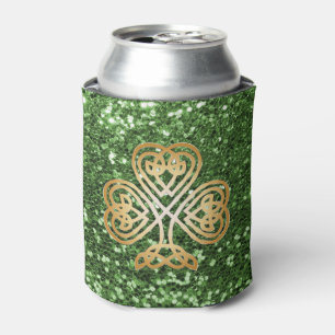 Golden Shining Celtic Shamrock Green Faux Glitter Can Cooler