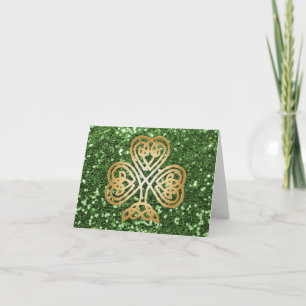 Golden Shining Celtic Shamrock Green Faux Glitter Card