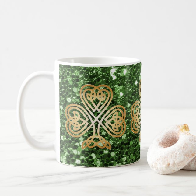 Golden Shining Celtic Shamrock Green Faux Glitter Coffee Mug (With Donut)