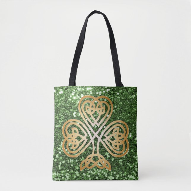 Golden Shining Celtic Shamrock Green Faux Glitter Tote Bag (Front)