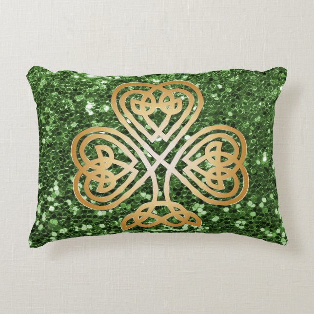 Golden Shining Shamrock Green Faux Glitter Decorative Cushion (Front)