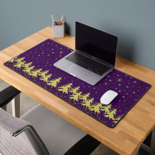 Golden shiny Christmas tree on Stars Purple Sky Desk Mat