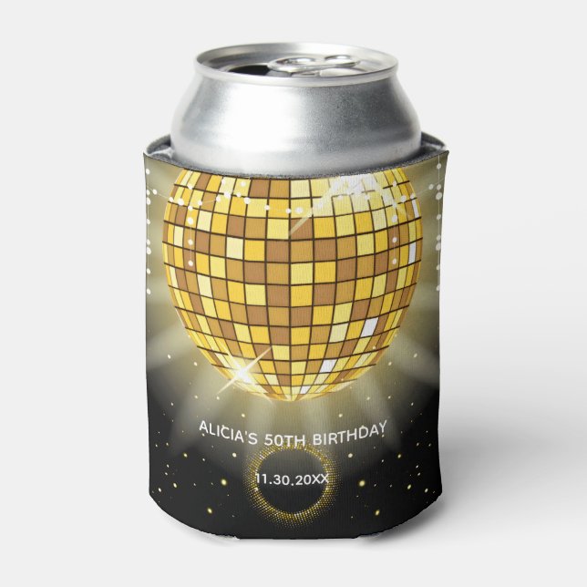 Golden Shiny Disco Ball Black Birthday Can Cooler (Can Front)