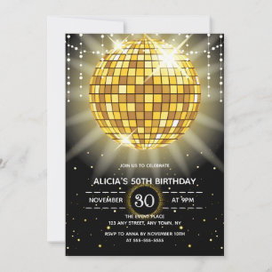 Golden Shiny Disco Ball Black Birthday Invitation