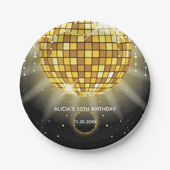 Golden Shiny Disco Ball Black Birthday Paper Plate (Front)