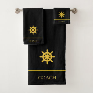 Golden Ship Steering Wheel & Text on Black Bath Towel Set