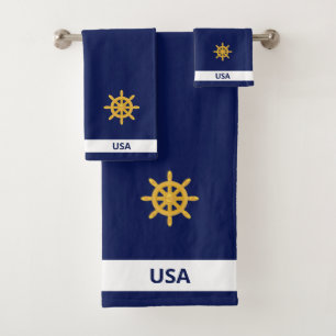 Golden Ship Wheel on Navy Blue Bath Towel Set