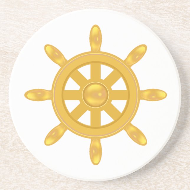 Golden ship wheel on white coaster (Front)