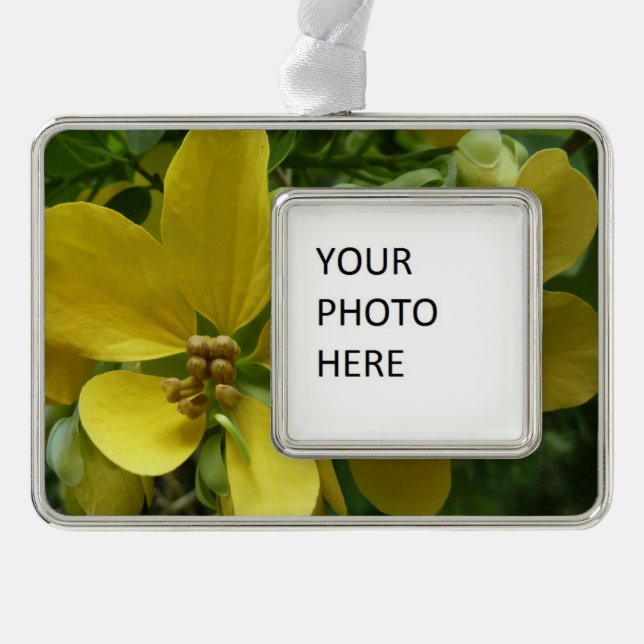 Golden Shower Tree Tropical Yellow Floral Silver Plated Framed Ornament (Front)