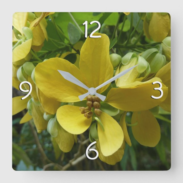 Golden Shower Tree Tropical Yellow Floral Square Wall Clock (Front)