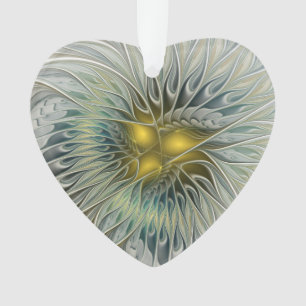 Golden Silver Flower Abstract Fractal Art Heart Ornament