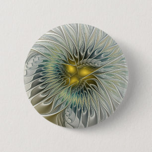 Golden Silver Flower Fantasy abstract Fractal Art 6 Cm Round Badge