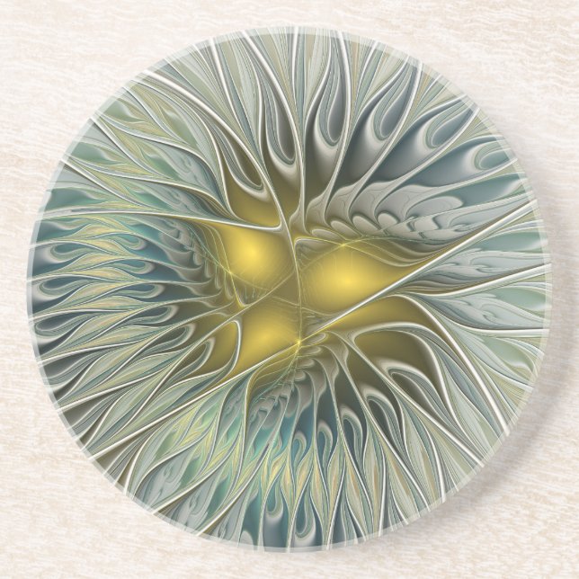 Golden Silver Flower Fantasy Abstract Fractal Art Coaster (Front)