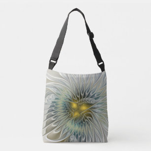 Golden Silver Flower Fantasy Abstract Fractal Art Crossbody Bag