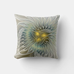 Golden Silver Flower Fantasy abstract Fractal Art Cushion
