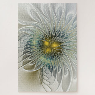 Golden Silver Flower Fantasy abstract Fractal Art Jigsaw Puzzle