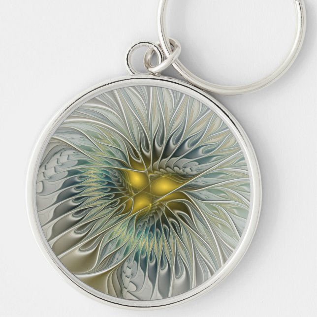 Golden Silver Flower Fantasy Abstract Fractal Art Key Ring (Front)
