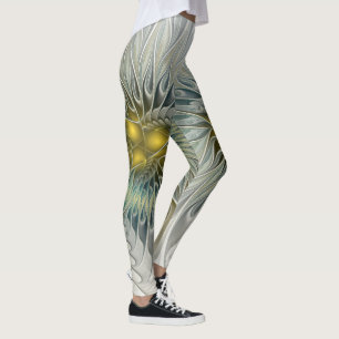 Golden Silver Flower Fantasy abstract Fractal Art Leggings