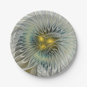 Golden Silver Flower Fantasy abstract Fractal Art Paper Plate