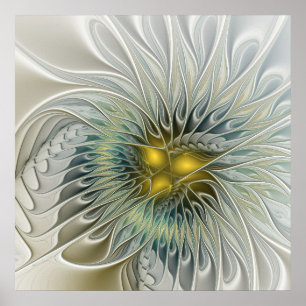 Golden Silver Flower Fantasy abstract Fractal Art Poster