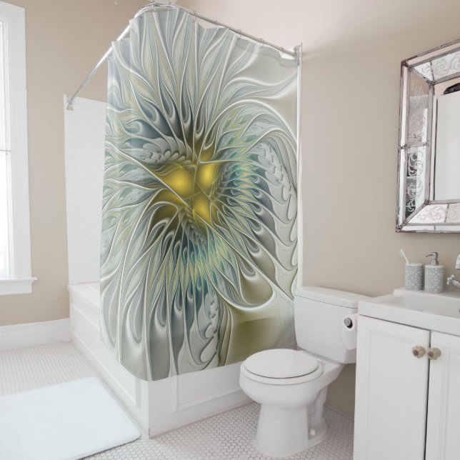 Golden Silver Flower Fantasy abstract Fractal Art Shower Curtain (In Situ)