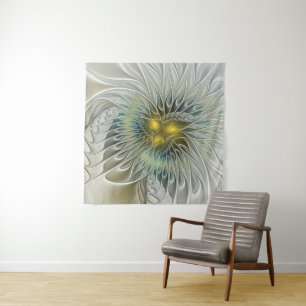 Golden Silver Flower Fantasy abstract Fractal Art Tapestry