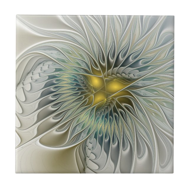 Golden Silver Flower Fantasy Abstract Fractal Art Tile (Front)