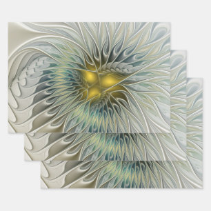 Golden Silver Flower Fantasy abstract Fractal Art Wrapping Paper Sheet