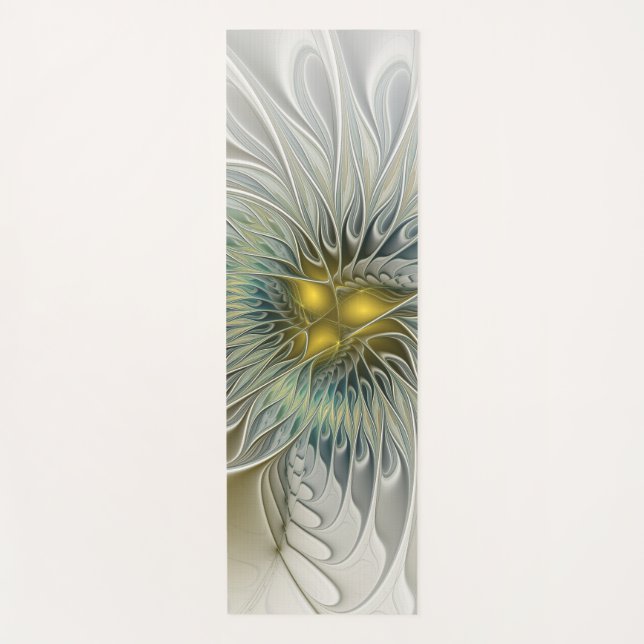 Golden Silver Flower Fantasy Abstract Fractal Art Yoga Mat (Front)