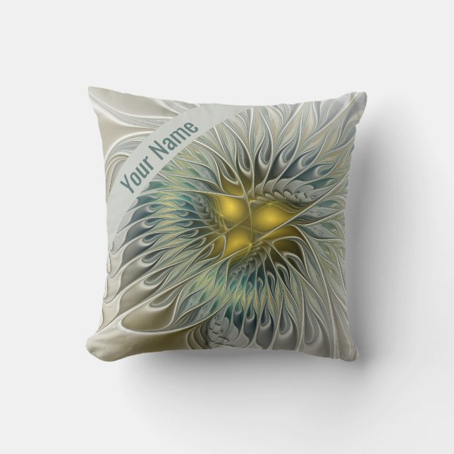 Golden Silver Flower Fantasy Abstract Fractal Name Cushion (Front)