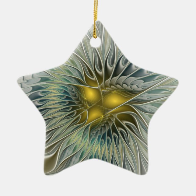 Golden Silver Flower Fantasy Abstract Fractal Star Ceramic Tree Decoration (Front)