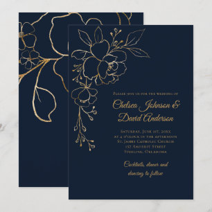 Golden Sketched Roses on Dark Blue Wedding Invitation
