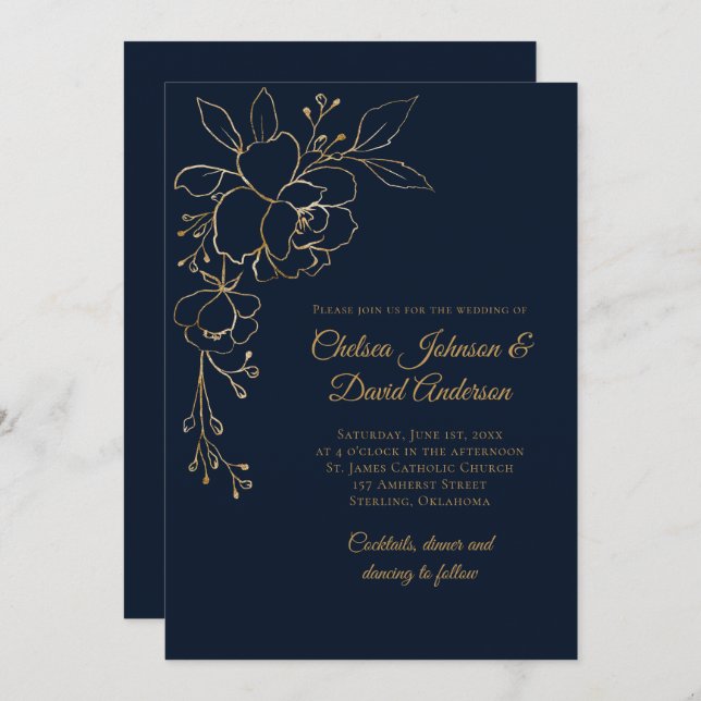 Golden Sketched Roses on Dark Blue Wedding Invitation (Front/Back)