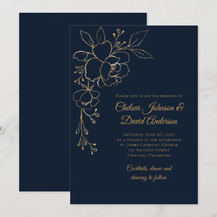 Golden Sketched Roses on Dark Blue Wedding Invitation