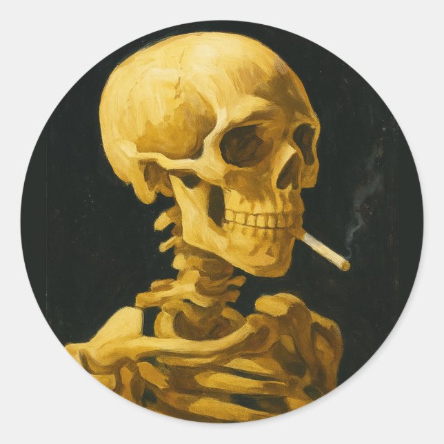 Golden Skull Smoking – Unique Van Gogh Inspired Classic Round Sticker (Front)