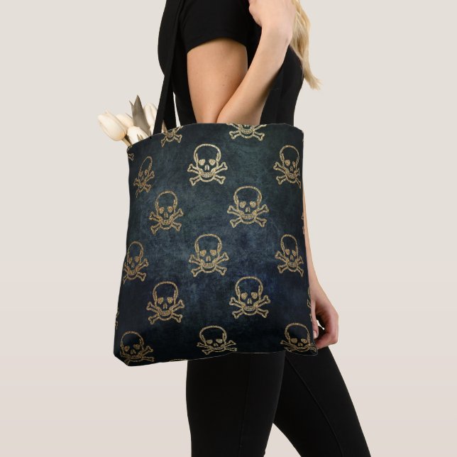 Golden Skulls Gothic Pattern Tote Bag (Close Up)
