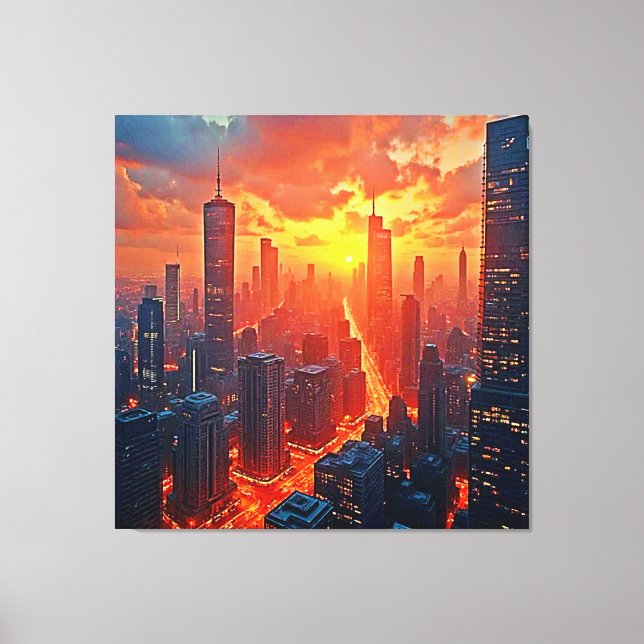 Golden Skyline: Radiant City Sunset Art Canvas Print (Front)