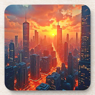 Golden Skyline: Radiant City Sunset Art Coaster