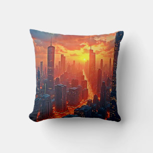 Golden Skyline: Radiant City Sunset Art Cushion