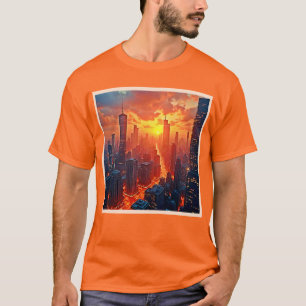 Golden Skyline: Radiant City Sunset Art T-Shirt