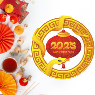 Golden Snake and Red Lantern Chinese New Year 2025 Classic Round Sticker