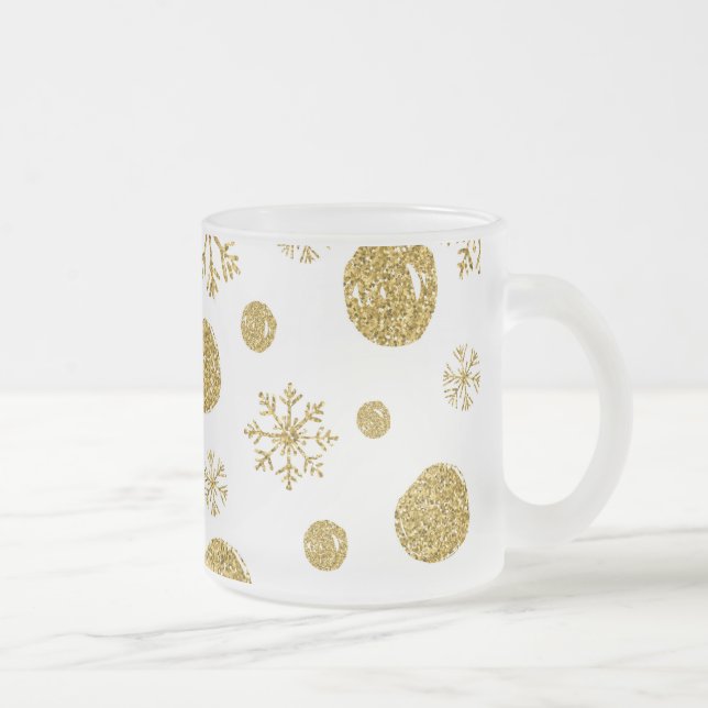 Golden Snow Flakes 1 Frosted Glass Coffee Mug (Right)