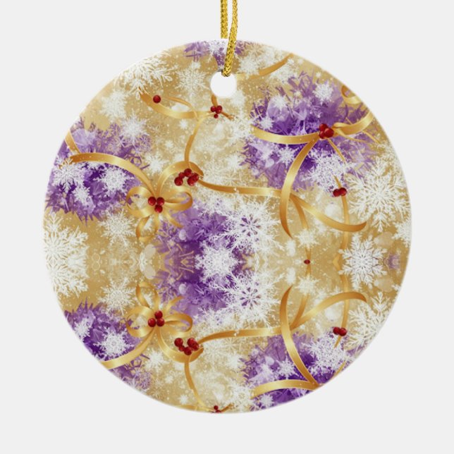 Golden Snowfall Ribbon — Elegant Christmas Design Ceramic Tree Decoration (Front)