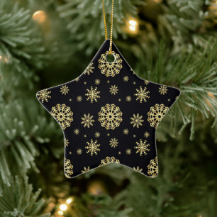 Golden Snowflak on Black Background Ceramic Tree Decoration